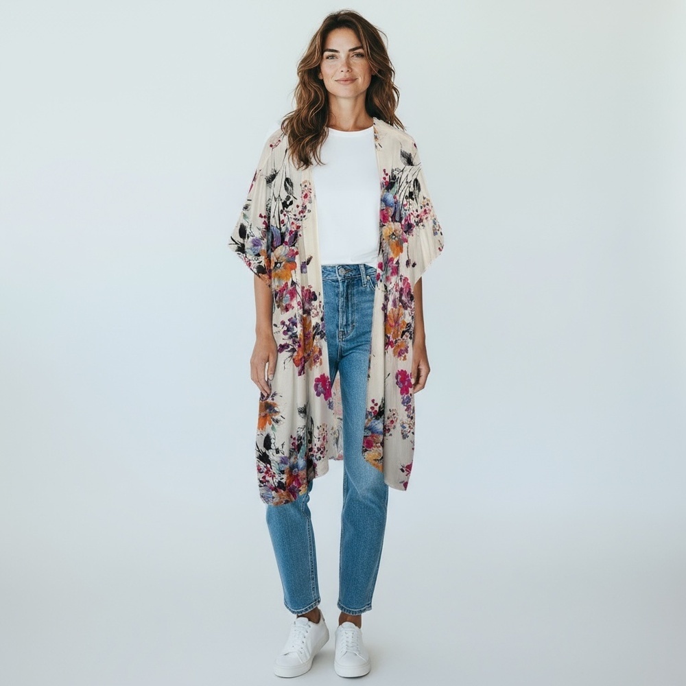 Umgee USA Floral Print Open Front Long Kimono Size L/XL Beach Vacation Boho
